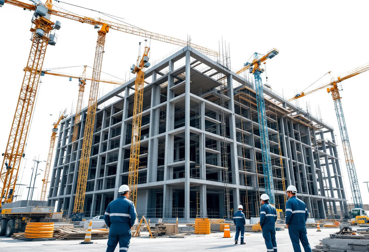 Construction site with cranes and building frame