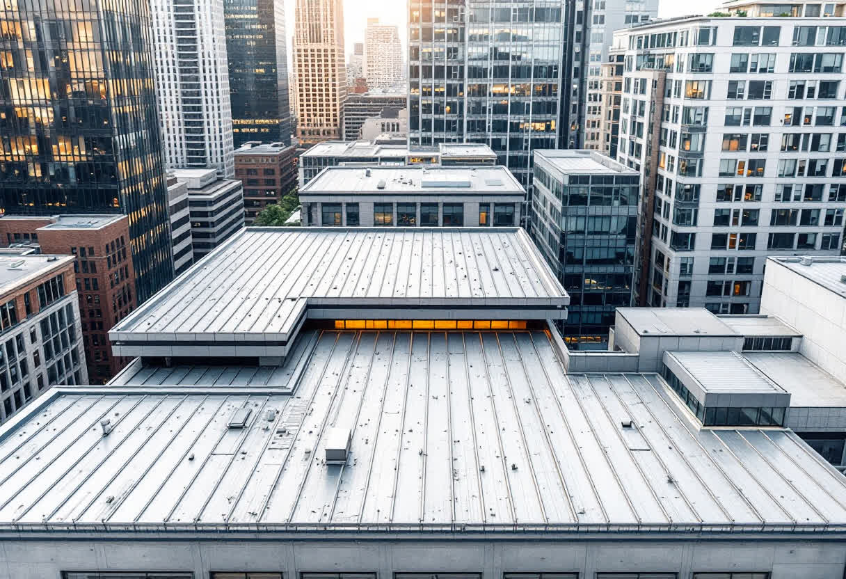 Aerial view of rooftop and city skyline