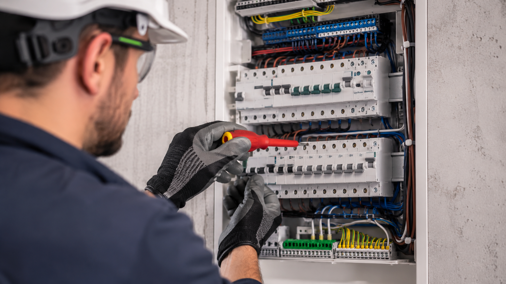 Electrician working on a wiring panel
